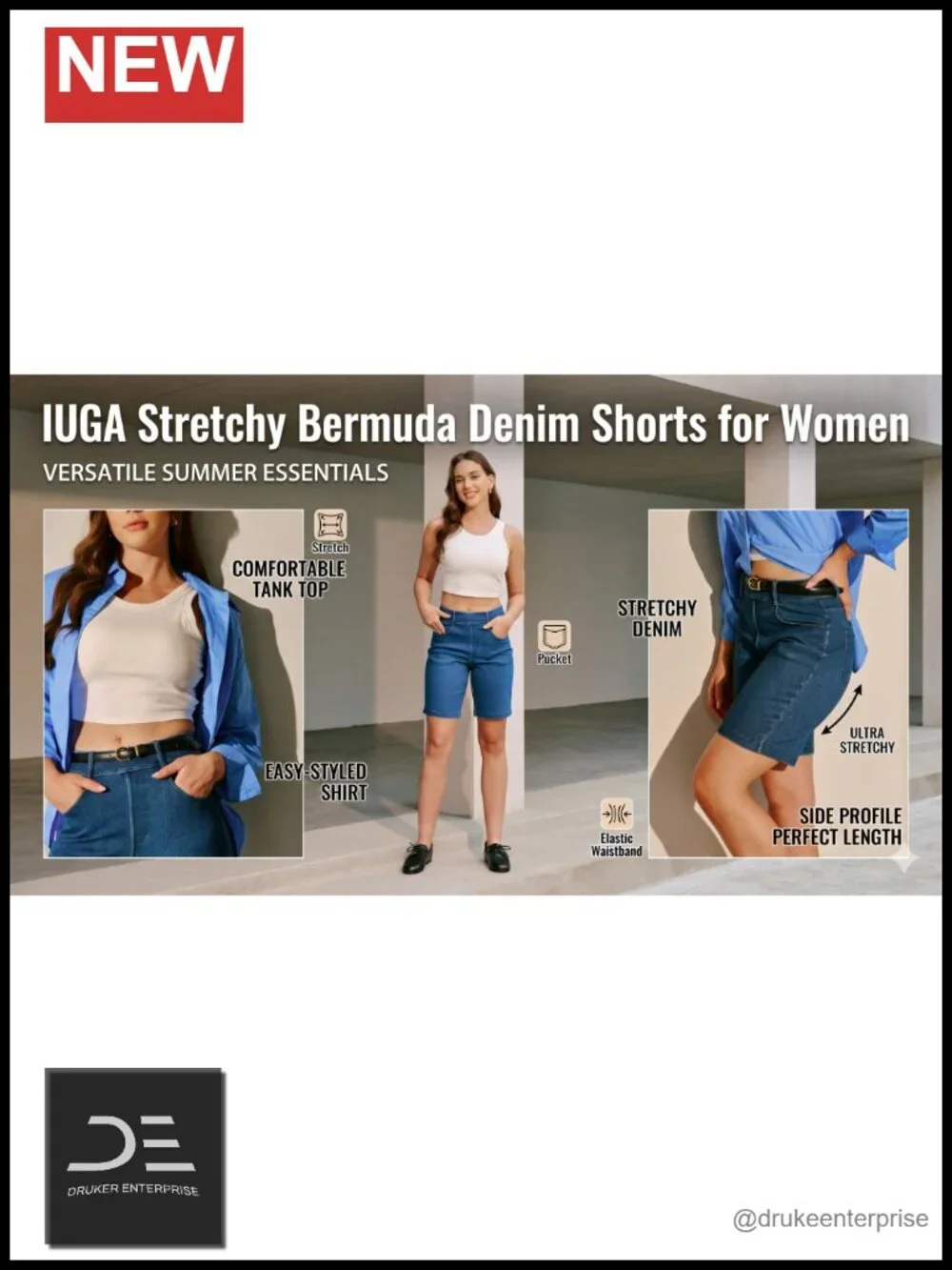 High Rise Stretchy Denim Bermuda Shorts Pull On Tummy Control Jorts